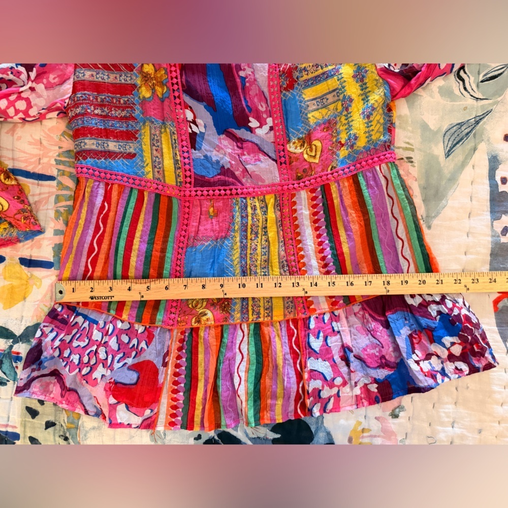 CALESSA S Fiesta Patchwork Print Boho Square-Neck 3/4 Bell Cuff Sleeve Blouse - Picture 12 of 13